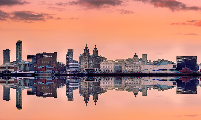 Image of the Liverpool waterfront at sunset