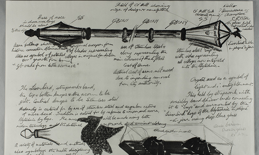 A page of sketches in black ink showing the final design of the mace with Arthur’s handwritten notes surrounding the sketch