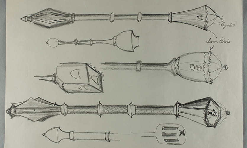 Six sketches of different mace shapes showing the design process