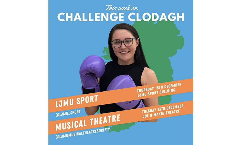 Graphic design advert for Challenge Clodagh which features a head and shoulders image of Clodagh wearing boxing gloves on her hands against a blue and green map of Northern Ireland and Ireland