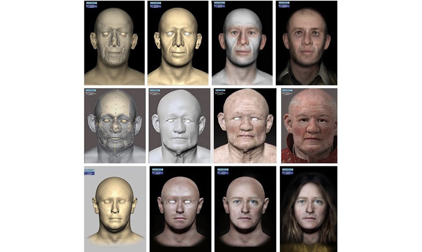 Twelve images arranged in three rows that show the process of reconstructing a human face, starting with a skeletal face and each image gradually showing more and more features