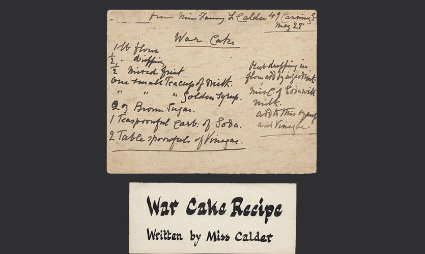 A photograph of an old recipe card handwritten by Fanny Calder detailing the ingredients and method to make a war cake