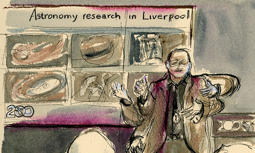 Sketch and watercolour of Professor Andy Newsam who in the drawing appears to have eight arms as he delivers a lecture to a room of people