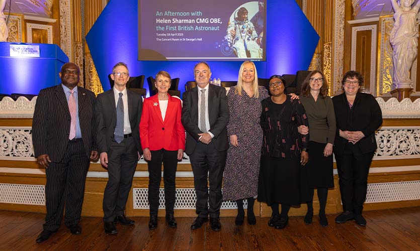 Moni Akinsanya pictured at ‘An Afternoon with an Astronaut’ with Helen Sharman, Professor Mark Power and ELT.