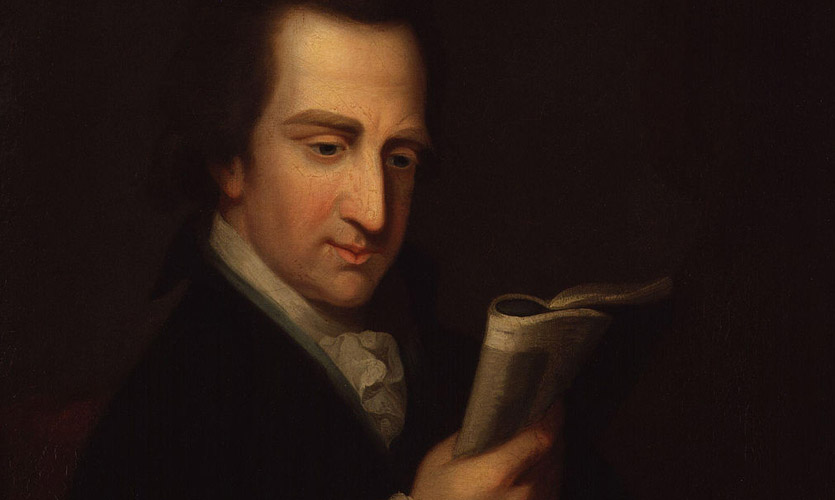 A painted portrait by John Williamson which has a very dark background and only the face of William Roscoe can be seen as he gazes at some sort of paper or book held in one of his hands