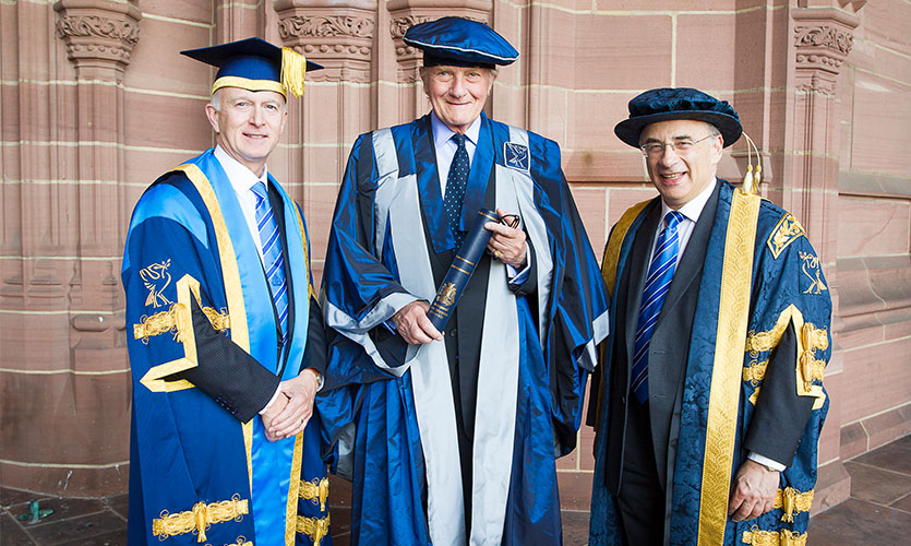 Lord Michael Heseltine with Vice-Chancellor Nigel Weatherill and Chancellor Brian Leveson