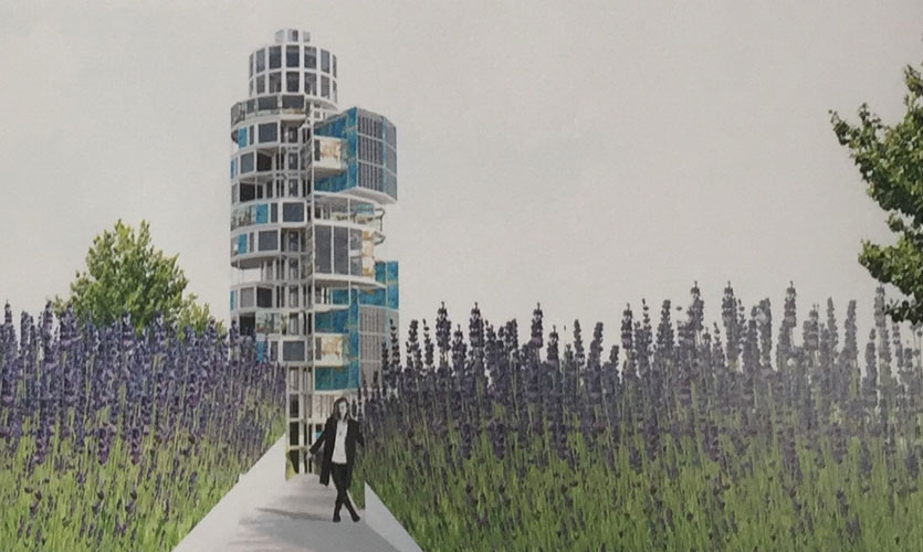 Illustration of high-rise tower in a field
