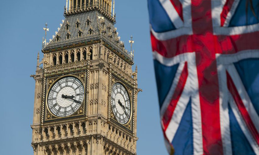 Westminster clock tower with Union Flag flying beside it