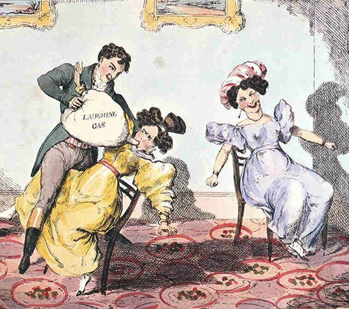 19th century cartoon of Humphrey Davy and ladies using nitrous oxide