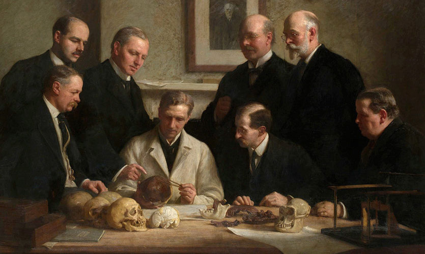 John Cooke painting of eight Edwardian men in a room examining fossils