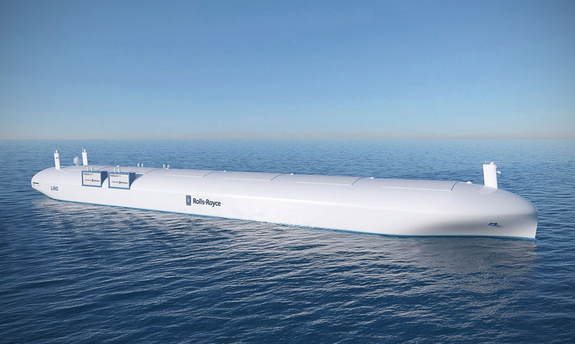 Visualisation of an unmanned Rolls-Royce ship at sea