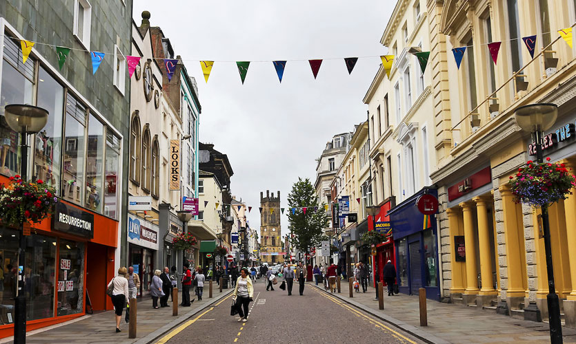 A long street with multicoloured bunting