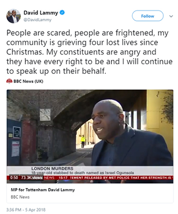 Tweet from MP David Lammy about violence in London