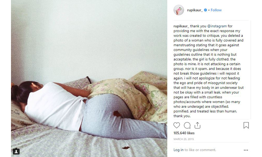 Instagram post of a women menstruating, from artist and poet Rupi Kaur