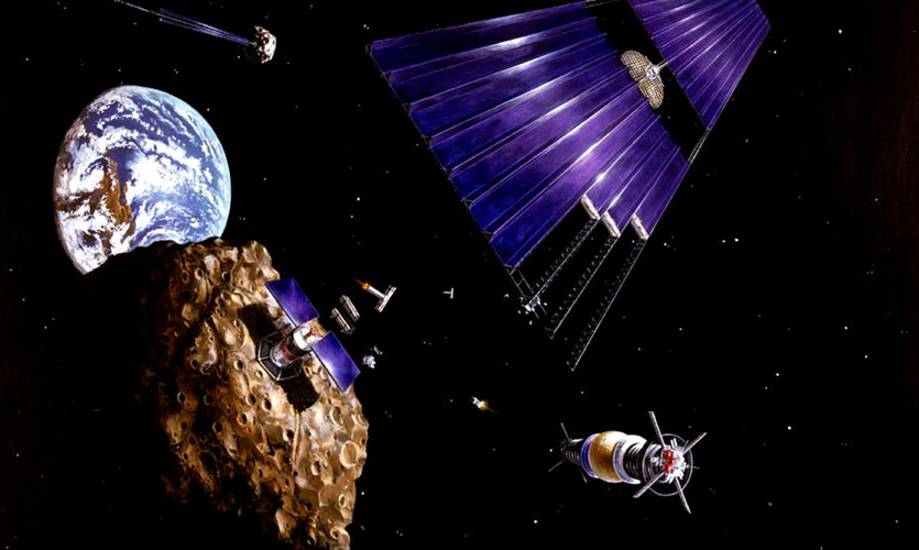 Artist’s impression of a solar-powered satellite on a mining mission