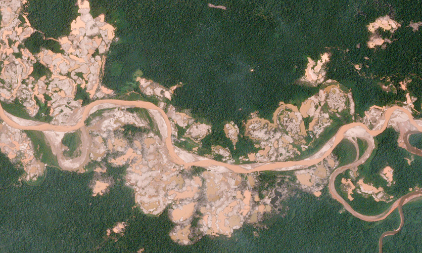 Aerial view of deforestation caused by illegal mining in the Peruvian Amazon