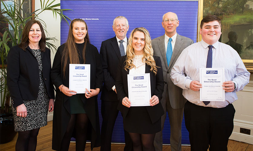 Cath Murphy from Chesterfield School with students and Citizenship Award winners Jai'me Armitage, Tom Barker, Chloe McCombe pictured with Sir Jon Murphy and John Everard.