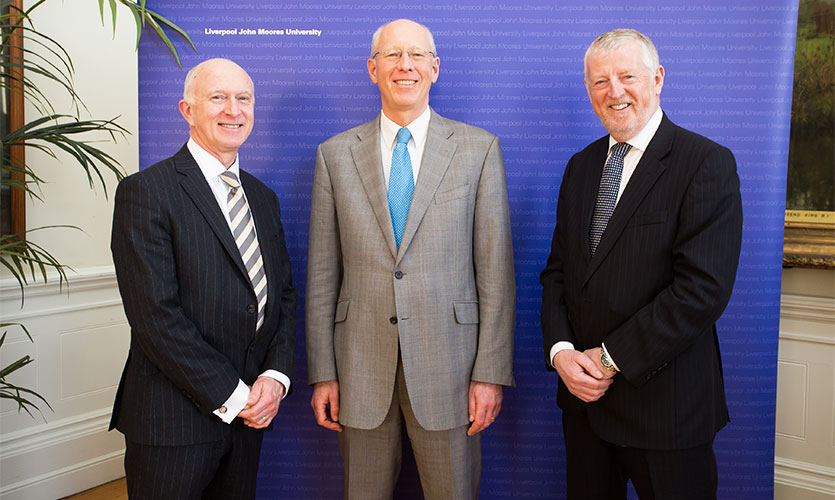 John Everard with LJMU Vice-Chancellor Professor Nigel Weatherill and Sir Jon Murphy