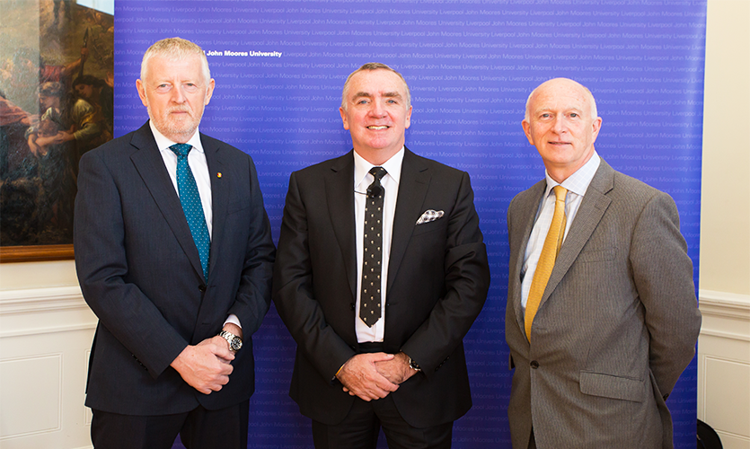 Ian Ayre with Sir Jon Murphy and LJMU Vice-Chancellor Professor Nigel Weatherill
