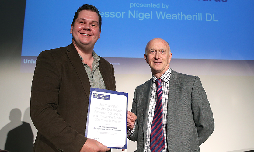 Dr Chris Copperwheat receiving his award from LJMU Vice-Chancellor Professor Nigel Weatherill