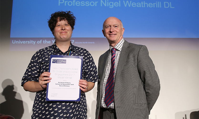 Dr Emma Vickers receiving her award from LJMU Vice-Chancellor Professor Nigel Weatherill
