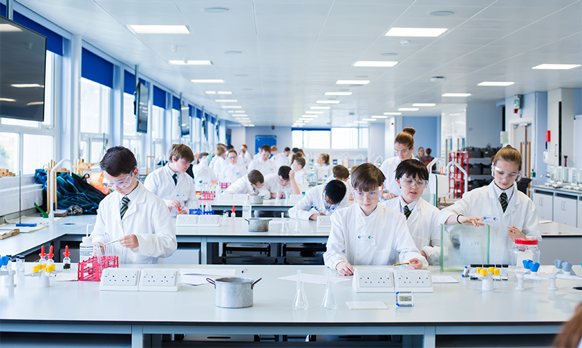 Shot of a laboratory with various groups of students conducting experiments.