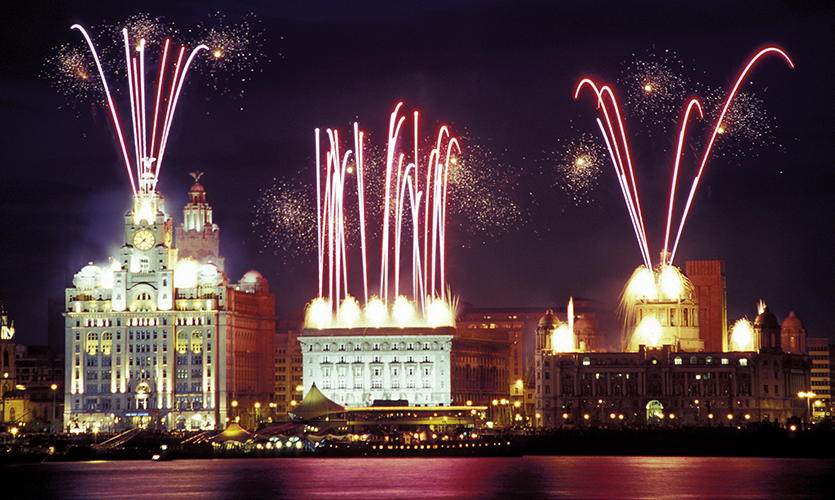 Fireworks shooting out of Liverpool's Three Graces