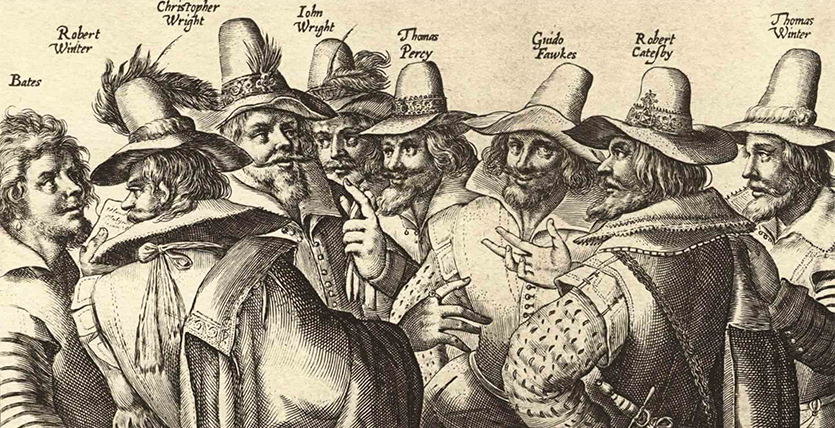 Old printed image of Guy Fawkes and his conspirators