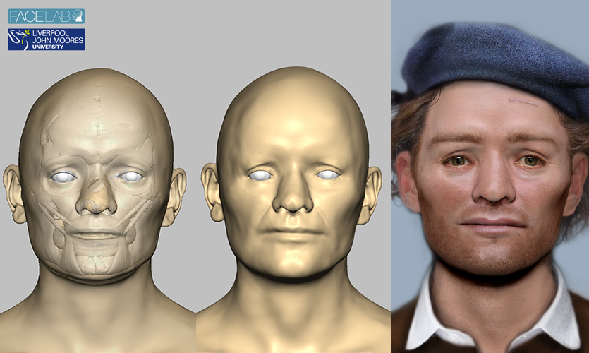 Composite design showing 3 different stages of 3D modelling of a man's face
