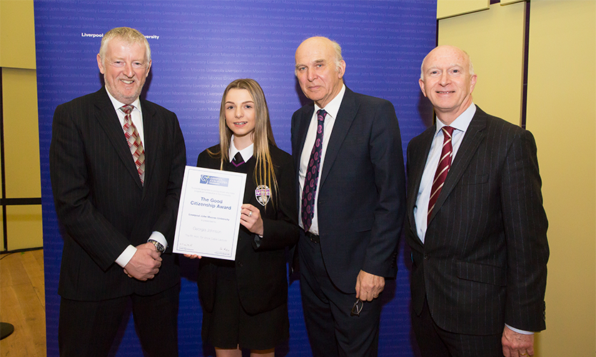 Picture of Georgia Johnson holding her Good Citizenship certificate with Sir Jon Murphy, Sir Vince Cable and LJMU Vice-Chancellor Nigel Weatherill