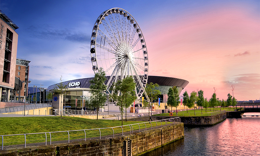 Image of the ACC Liverpool with the Liverpool eye in the foreground.