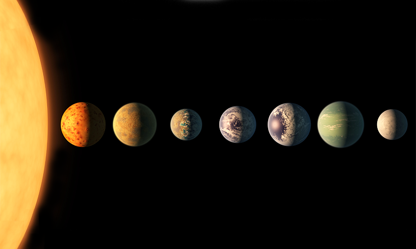Computer generated images of 7 planets in a line with a sun to the left casting light over them.