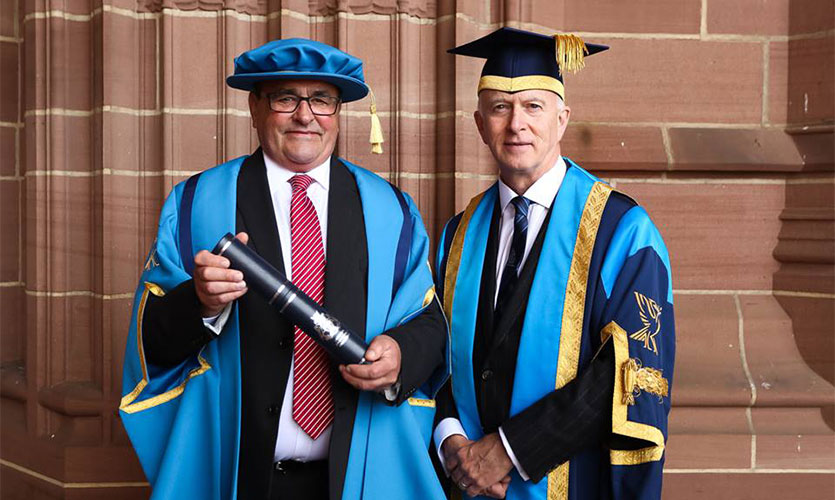 Lou McGrath OBE with LJMU Vice-Chancellor Professor Nigel Weatherill