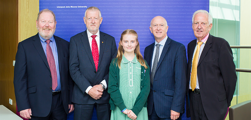 Roger Philips, Professor Sir Jon Murphy, Chair of the Roscoe Lecture Series, award-winner Lily Ost, St Andrew’s Church of England (Aided) Primary School, Professor Nigel Weatherill, LJMU Vice-Chancellor and Professor Peter Toyne