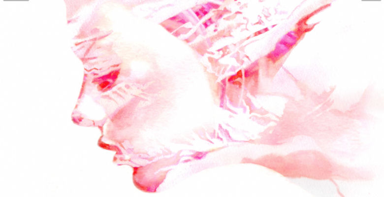 Image of a pink  water colour painting of a profile of a female face