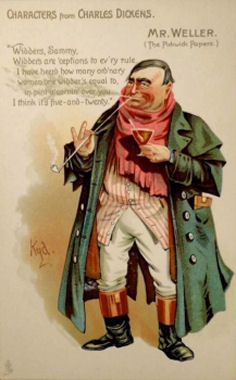 Image of an old poster depicting character from Charles Dickens and Mr Weller character