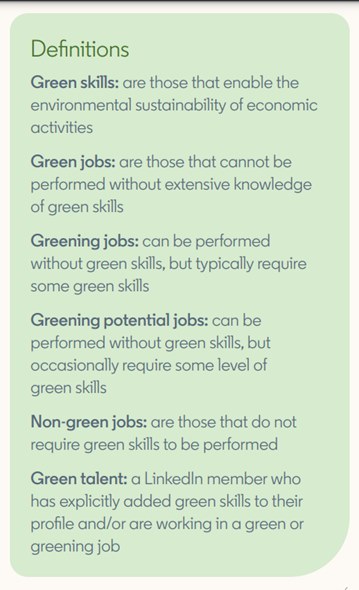 Infographic of definitions regarding green skills, green jobs, greening jobs, greening potential jobs, non-green jobs and green talent