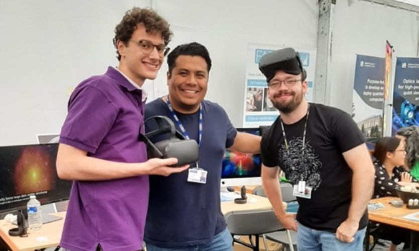  Three people pose for the camera with Virtual reality headsets, Andrea Sante, PhD student at ARI ,Jaime Salcido Negrete, PDRA at ARI and  Jonah Conley, PhD student at ARI
