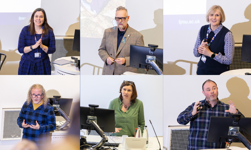 Six small images of six LJMU academics delivering lectures 