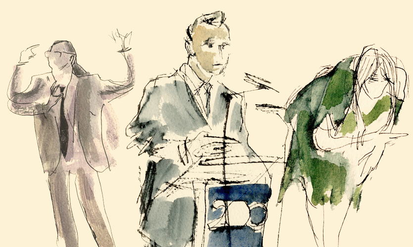 Three of Julia's sketches featuring Professor Andy Newsam, David Alton and Chancellor Nisha Katona speaking at their Roscoe Lectures