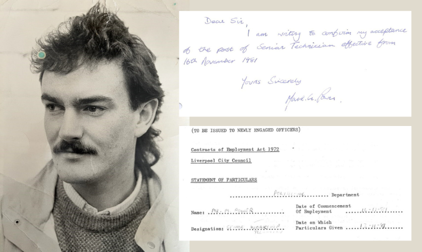 A black and white photo of Professor Mark Power in the 1980s next to a hand written acceptance letter written by Mark accepting the role of senior technician with a start date of 16 November 198