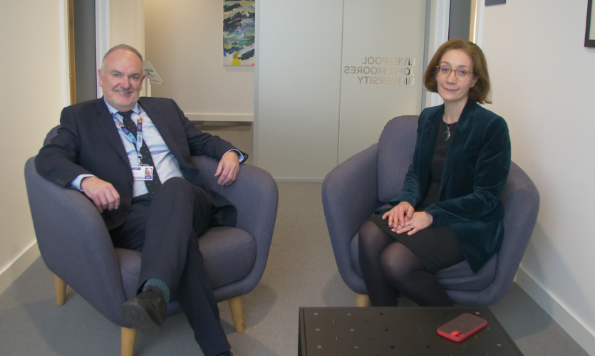 Professor Mark Power sat in an armchair next to Vivienne Stern the Chief Executive of Universities UK