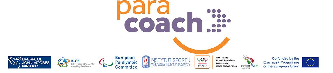 Paracoach logo with partner logos: Liverpool John Moores University, International Council for Coaching Excellence, European Paralympic Committee, Instytut Sportu, Netherlands Olympic Committee, Hungarian Paralympic Committee and, Erasmus+ Programme of the European Union 