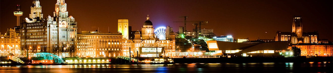 The Liverpool city skyline at night. There is a museum, a cathedral and large buildings with small windows.