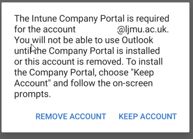 InTune warning message for Outlook account