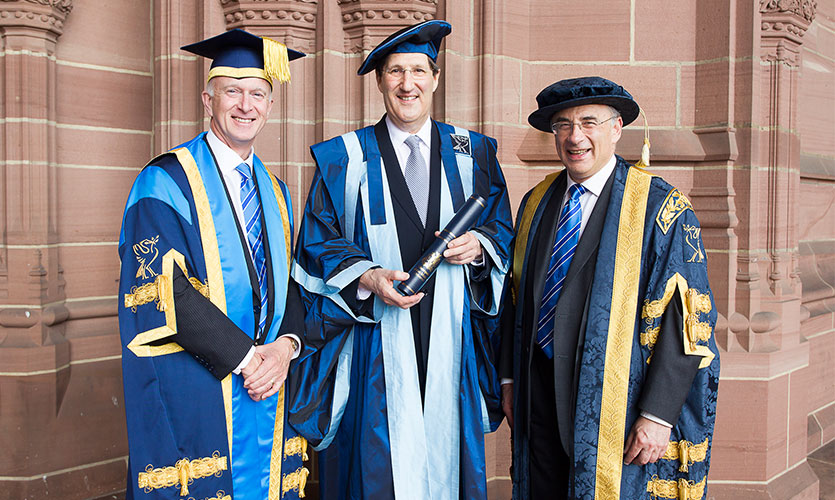 The Hon Mr Justice Globe with Vice-Chancellor Nigel Weatherill and Chancellor Brian Leveson