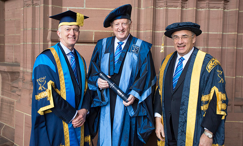 Sir Jon Murphy with LJMU Vice-Chancellor Professor Nigel Weatherill and Sir Brian Leveson.
