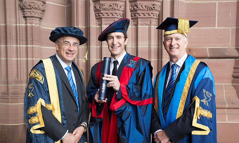 Rt Hon Sir Brian Leveson and Paul McGann with Vice-Chancellor Professor Nigel Weatherill