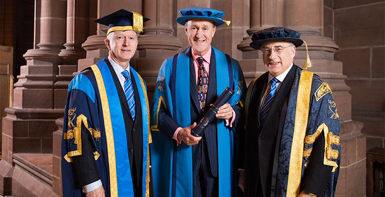 Sir Peter Bazalgette with LJMU Vice-Chancellor Nigel Weatherill and Chancellor Sir Brian Leveson