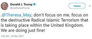 Screenshot of a Donald Trump tweet to Theresa May